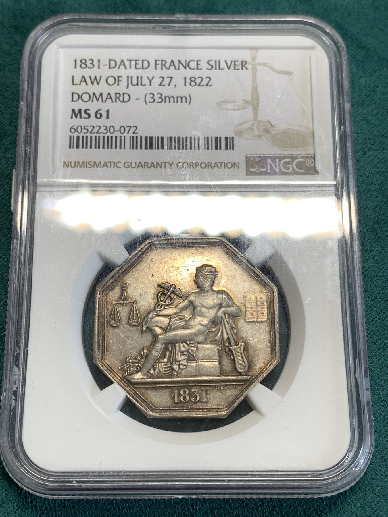 《竞宝斋》第190场-周日，周一 2场 (全场包邮) NGC MS61 法国1831商业男神墨丘利八角银质代用币 难得MS好品好状态