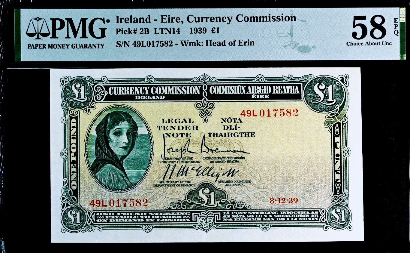 【Blue Auction】✨世界纸币精拍第360期【精】——Irish Free State 【P2B 唯一冠军分 拉弗雷夫人早期珍品】爱尔兰Currency Commission 1939年1镑 PMG58EPQ 原票难得 非后期七八十年代爱尔兰共和国发行版本 49L关门冠 仅发行10万张 亚军分仅45分 只有7个记录 珍罕  