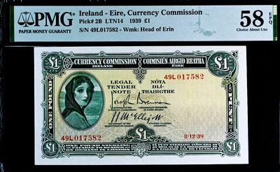 【Blue Auction】✨世界纸币精拍第360期【精】——Irish Free State - 【P2B 唯一冠军分 拉弗雷夫人早期珍品】爱尔兰Currency Commission 1939年1镑 PMG58EPQ 原票难得 非后期七八十年代爱尔兰共和国发行版本 49L关门冠 仅发行10万张 亚军分仅45分 只有7个记录 珍罕  