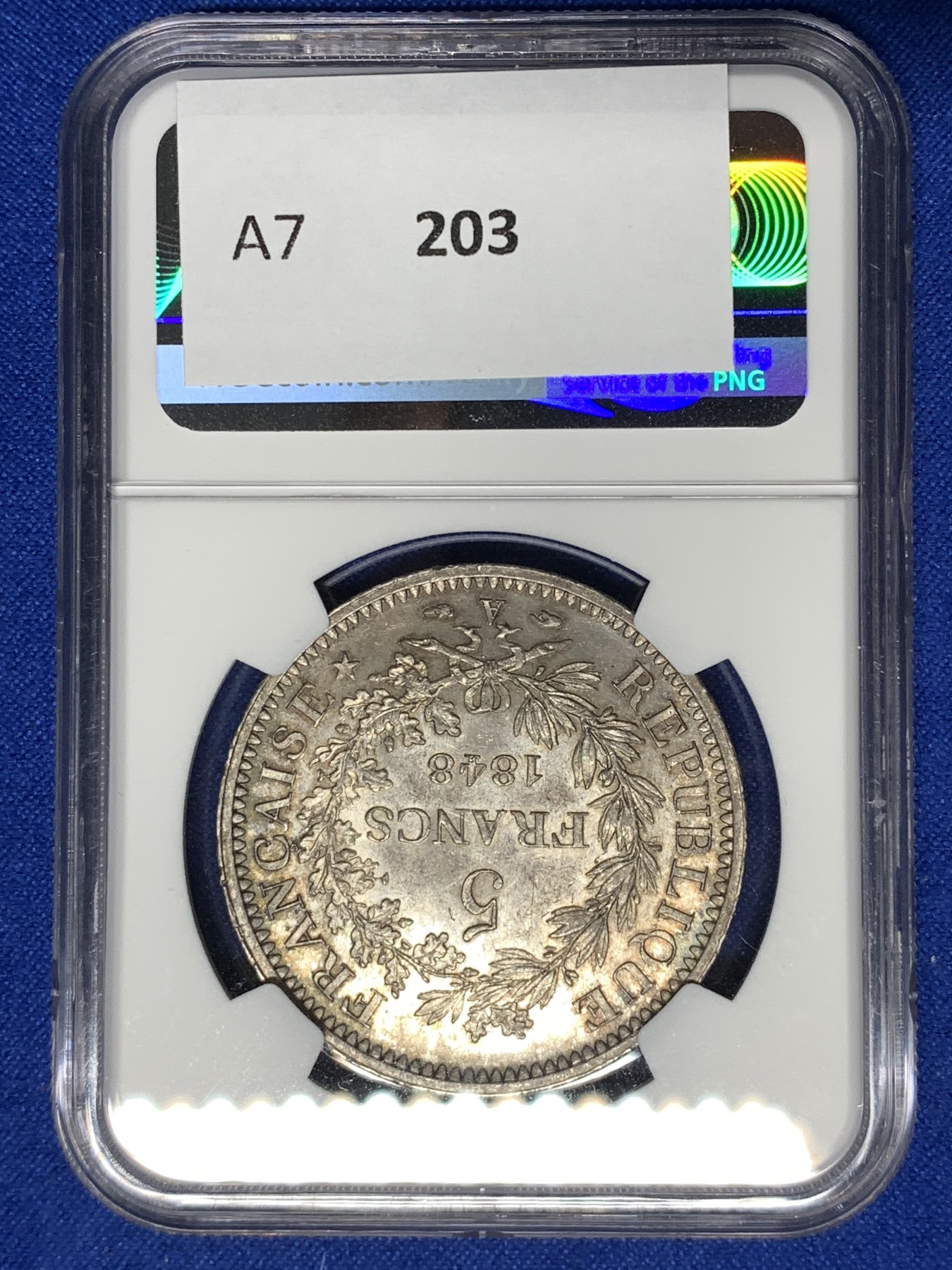 《竞宝斋》第190场-周日，周一 2场 (全场包邮) NGC-MS64 法国 1848A 5法郎 大力神银币 转光+淡紫色包浆 好状态