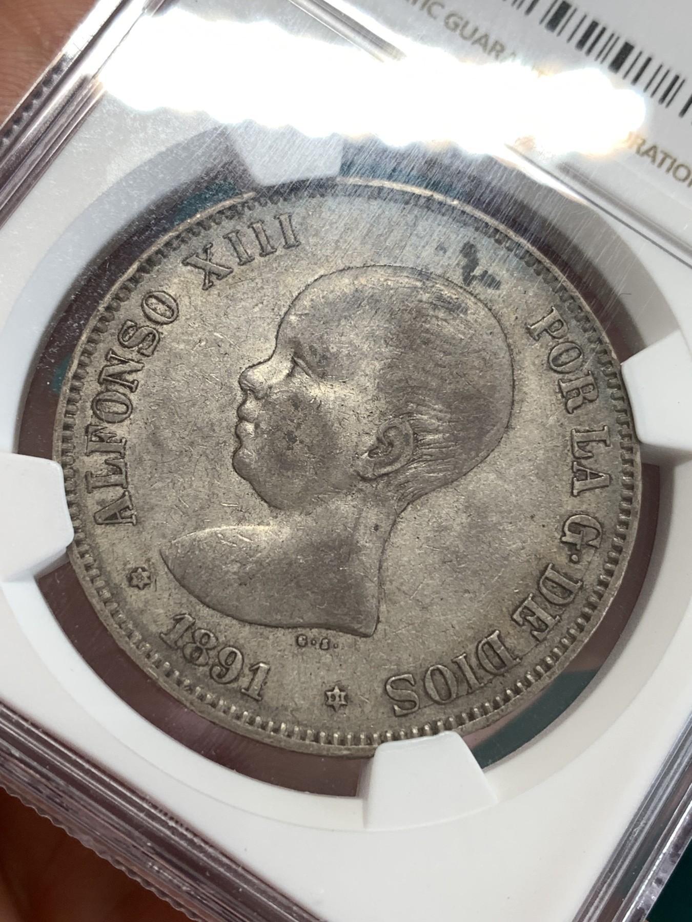 《竞宝斋》第190场-周日，周一 2场 (全场包邮) NGC XF45  西班牙双柱小光头阿方索十二世银币 细节好 包浆也好