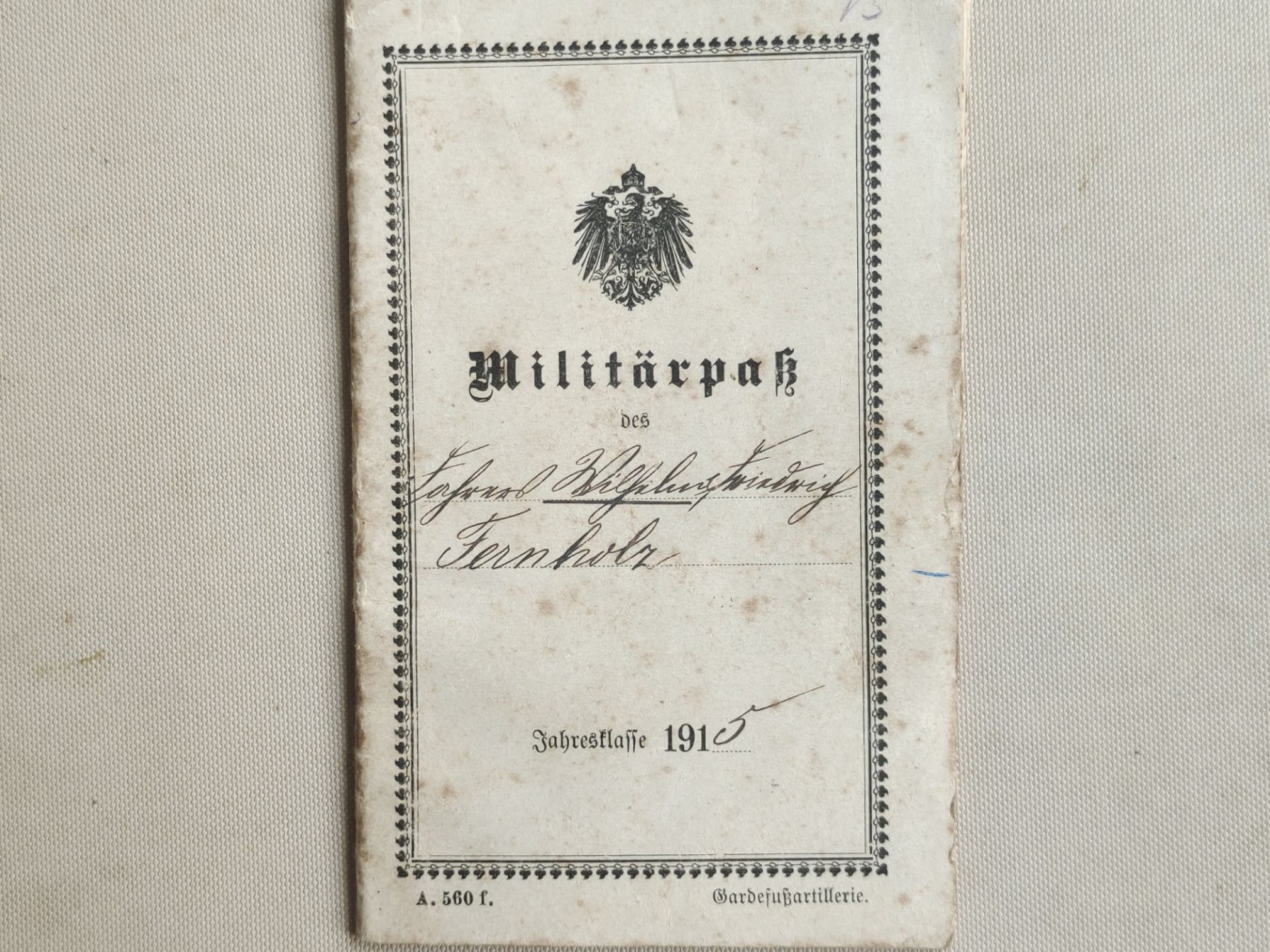 老威廉第四次麦稀奇拍卖 帝德士兵证1 [第2禁卫后备步炮团]，属于威廉·弗雷德里希。获得过二级铁十字