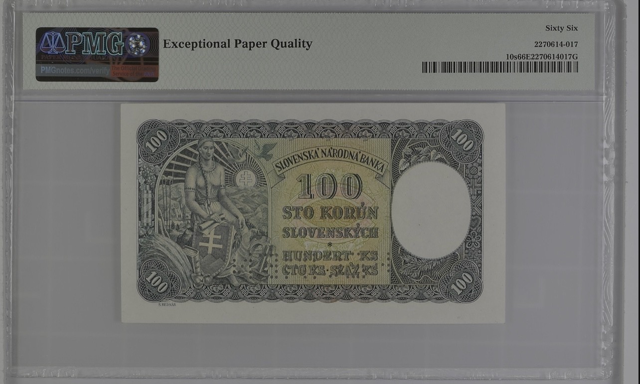 乐淘淘纸币精选 第15期 周五周六连拍第二场 【B14 128166】斯洛伐克1940年纸币 100克朗 稀少样钞 PMG66EPQ 季军分