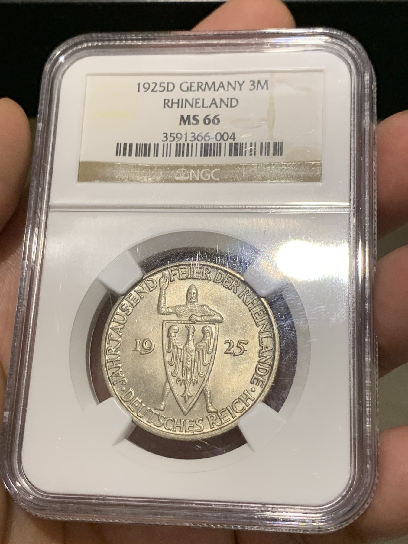 《竞宝斋》第190场-周日，周一 2场 (全场包邮) NGC-MS66 德国魏玛时期 1925 莱茵兰千年 纪念 3马克银币 原味包浆，少见的品种，高分不容易