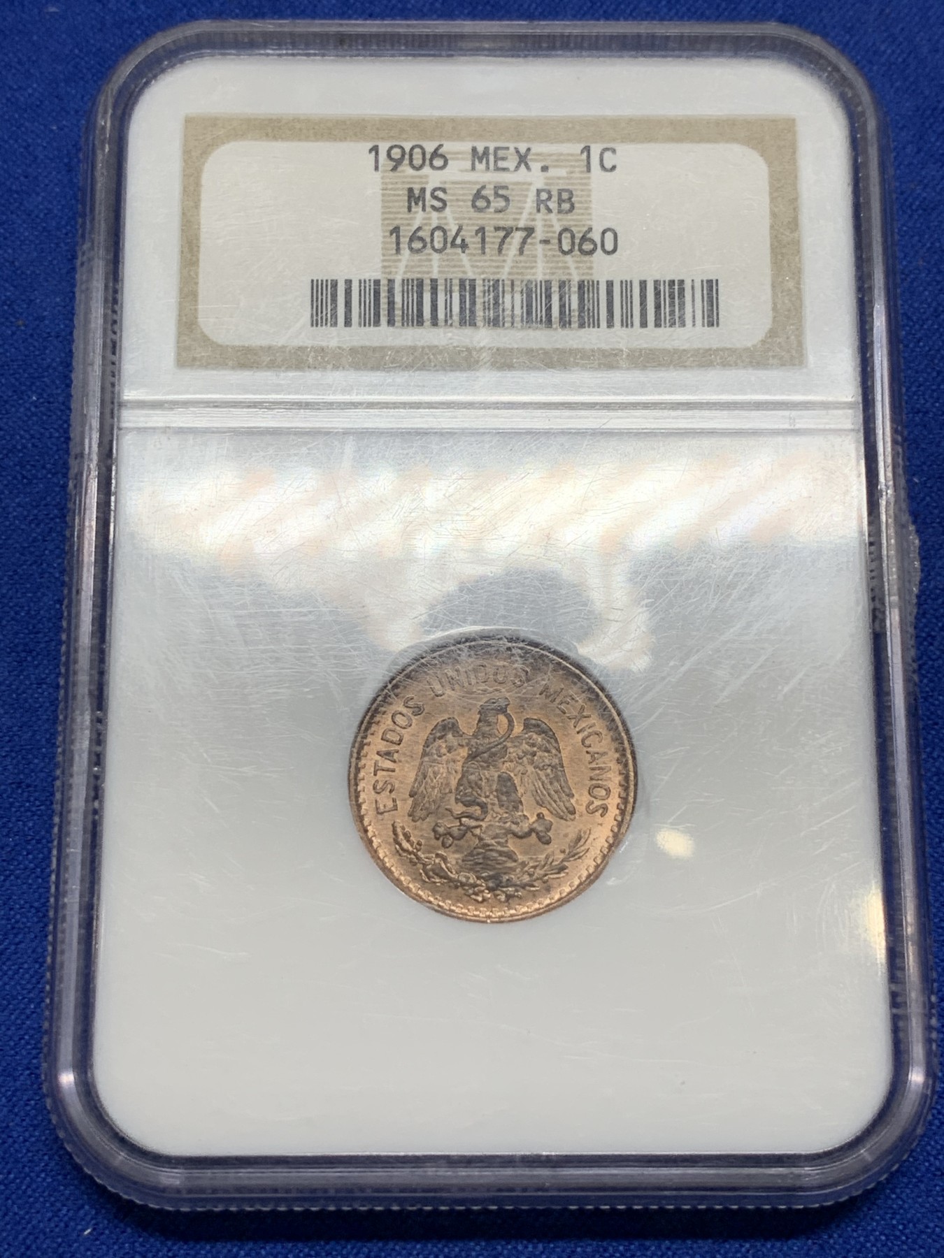 《竞宝斋》第190场-周日，周一 2场 (全场包邮) NGC MS65RB 墨西哥1906年1分铜鹰洋 超级老盒高分 铜光底板都十分漂亮