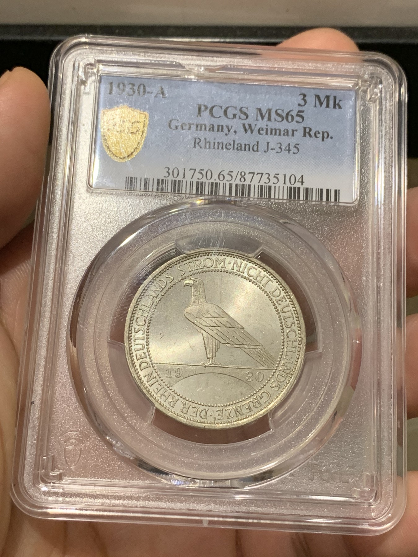 《竞宝斋》第190场-周日，周一 2场 (全场包邮) PCGS MS65 德国魏玛共和国1930年莱茵解放纪念3马克银币 旋转十字光 高分 上部支撑架有小磕