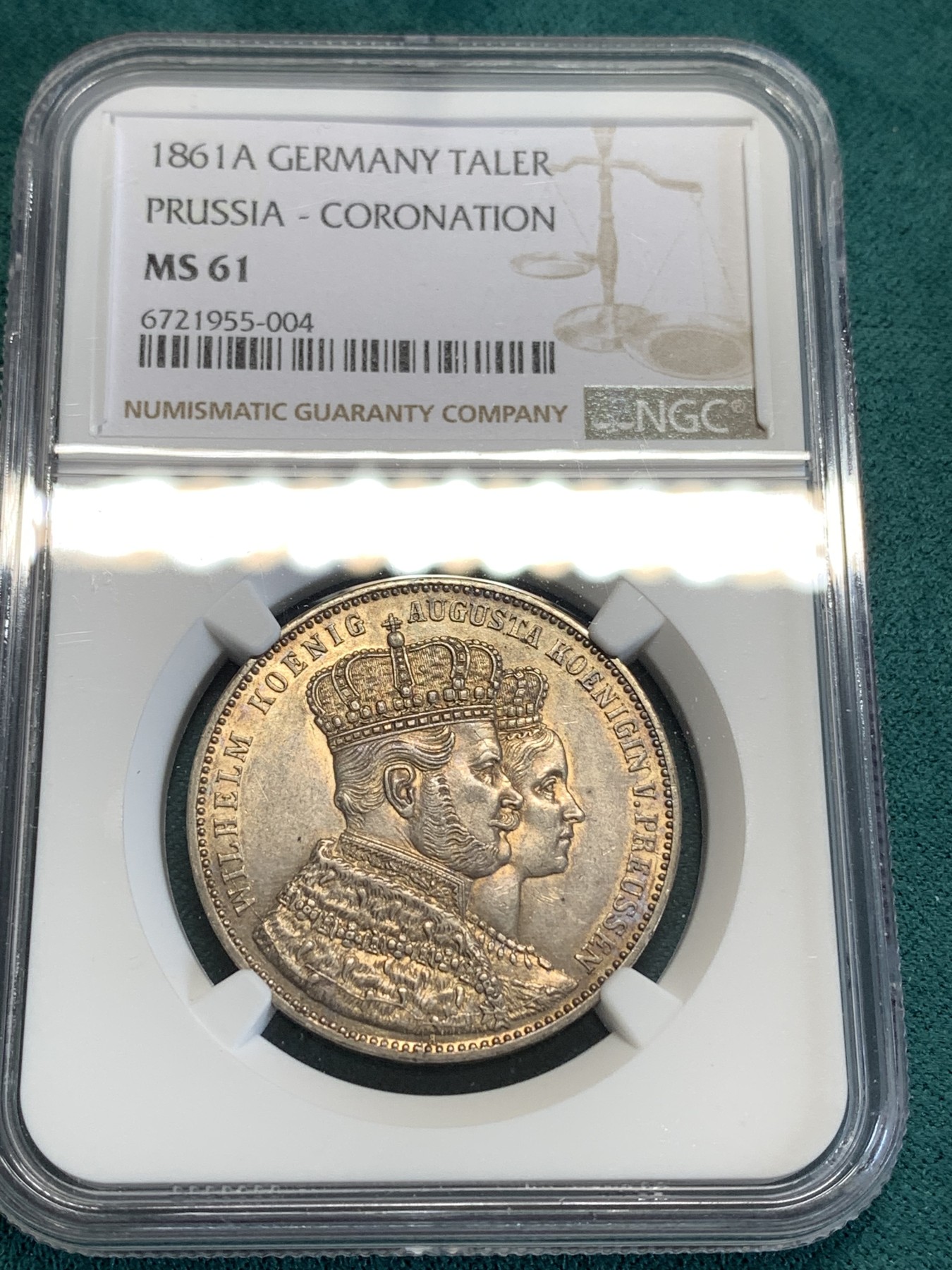 《竞宝斋》第190场-周日，周一 2场 (全场包邮) NGC MS61 德国普鲁士1861年威廉一世登基纪念1泰勒银币，俗称毛衣泰勒