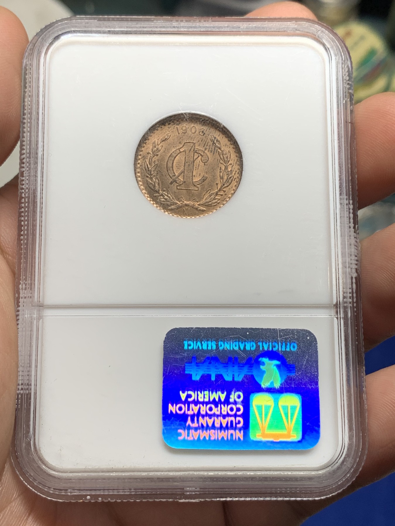 《竞宝斋》第190场-周日，周一 2场 (全场包邮) NGC MS65RB 墨西哥1906年1分铜鹰洋 超级老盒高分 铜光底板都十分漂亮