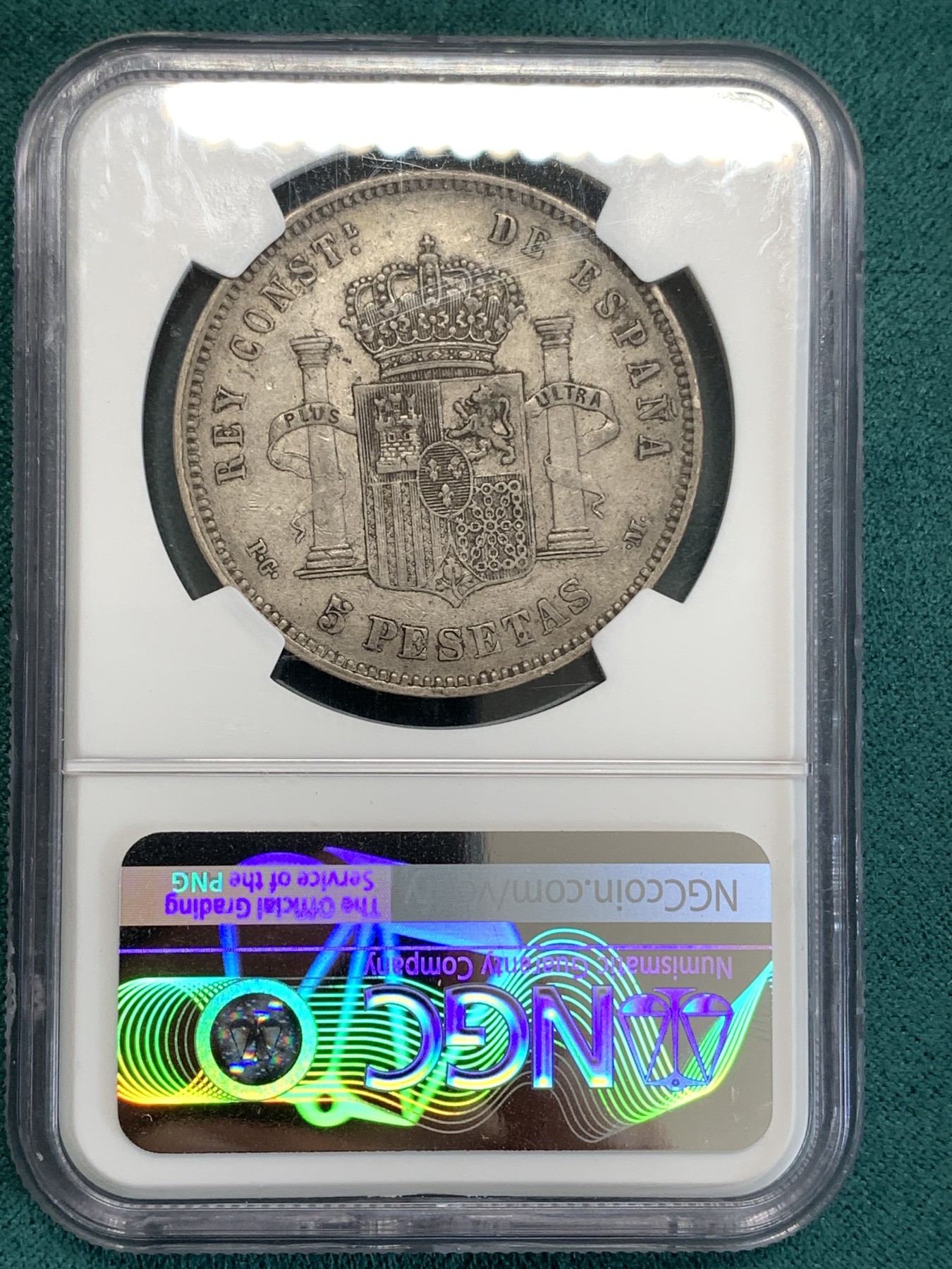 《竞宝斋》第190场-周日，周一 2场 (全场包邮) NGC XF45  西班牙双柱小光头阿方索十二世银币 细节好 包浆也好