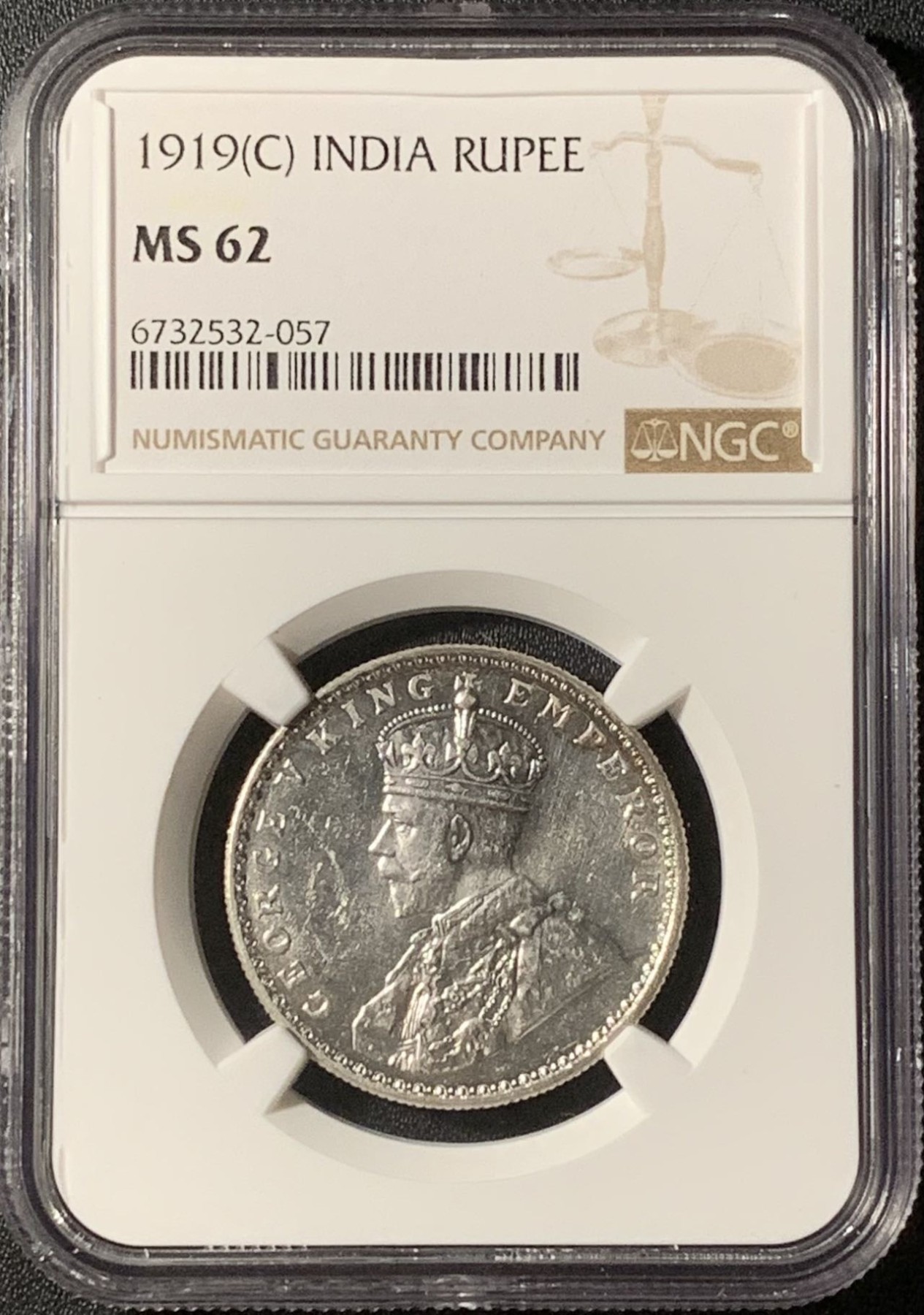 紫瑗钱币——第296期拍卖 英属印度 1919年 C版 乔治五世 1卢比 银币 NGC MS62