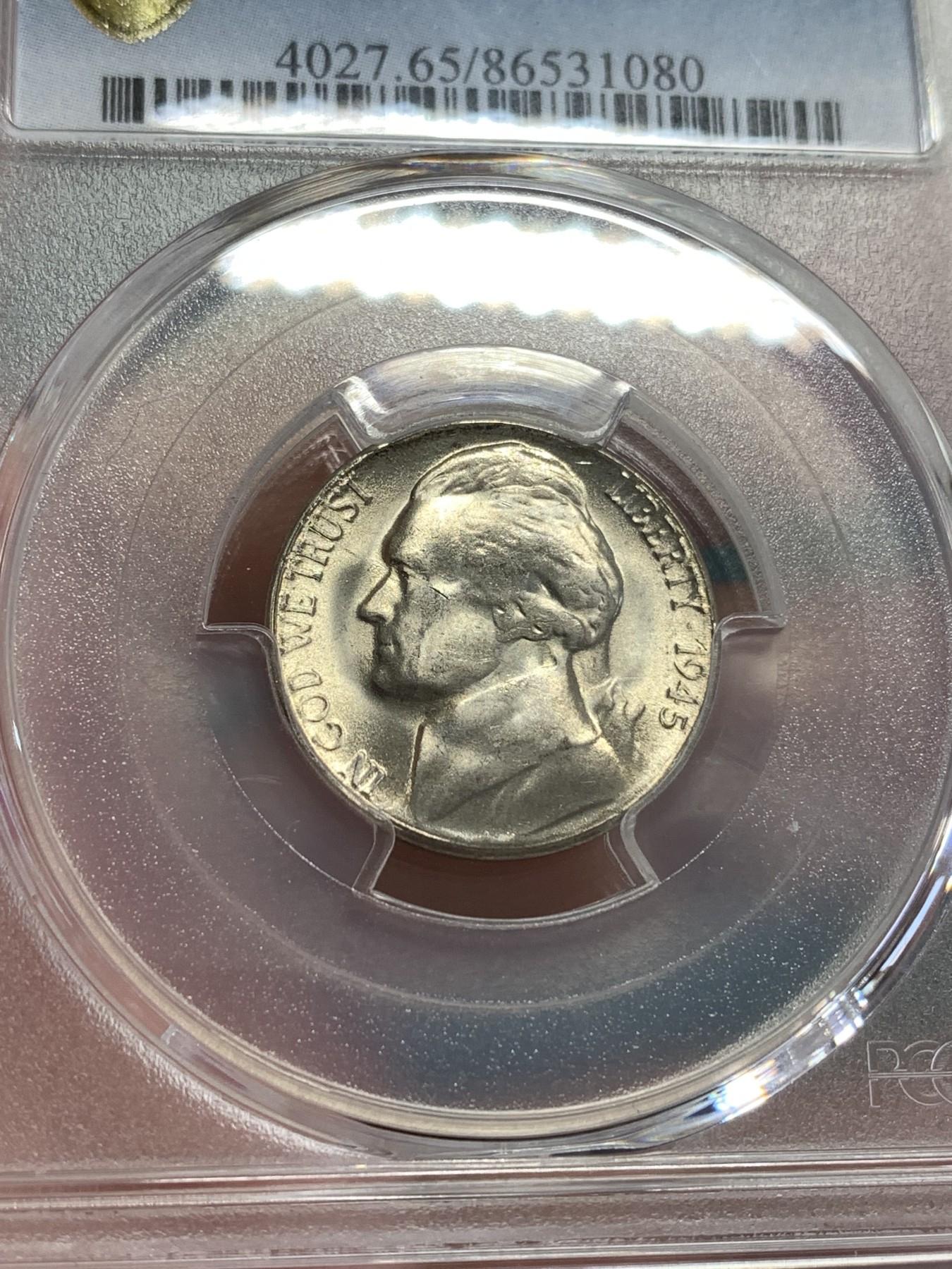 《竞宝斋》第190场-周日，周一 2场 (全场包邮) PCGS-MS65 美国 杰弗逊 1945年 战时5美分 低银版（仅1942-1945年含银，其余皆为镍币）