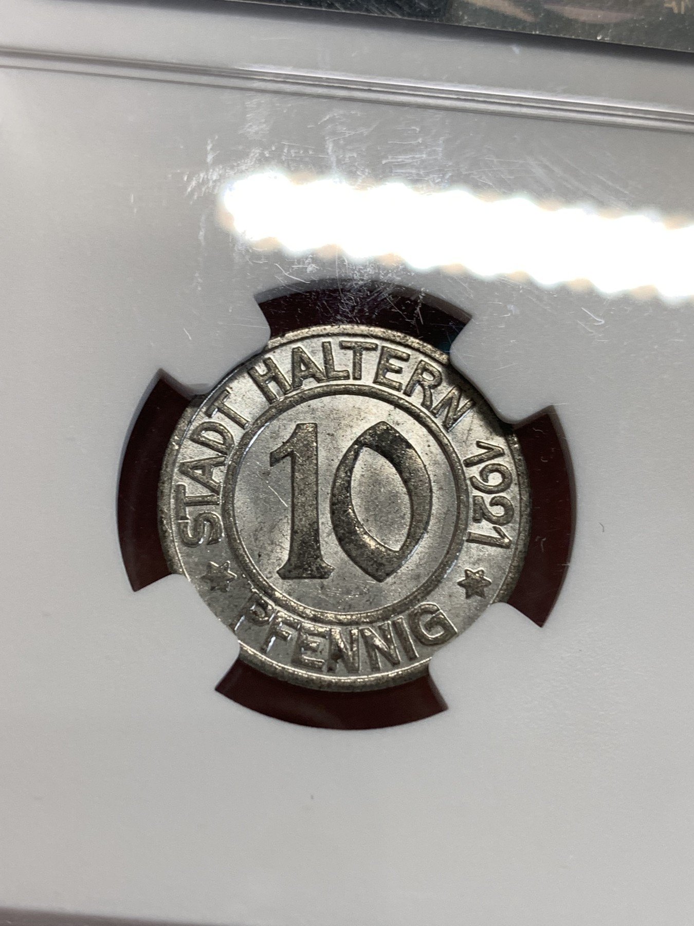 《竞宝斋》第190场-周日，周一 2场 (全场包邮) NGC-MS63   德国1921德紧哈尔腾 10芬妮 铁币  少见品种