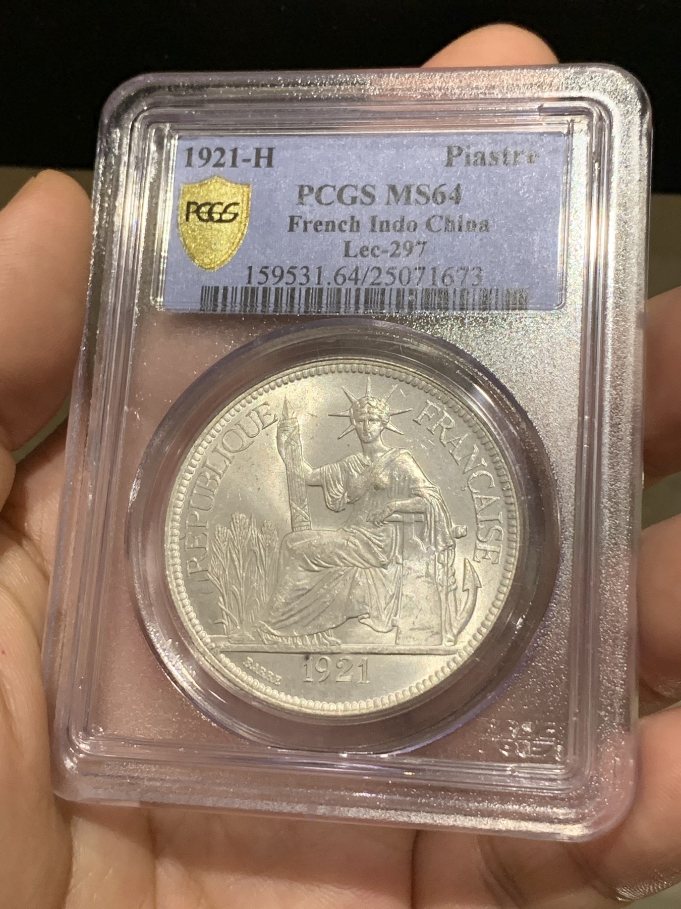 《竞宝斋》第190场-周日，周一 2场 (全场包邮) PCGS MS64 法属印支 1921年H版坐洋银币 亚军分！状态无敌