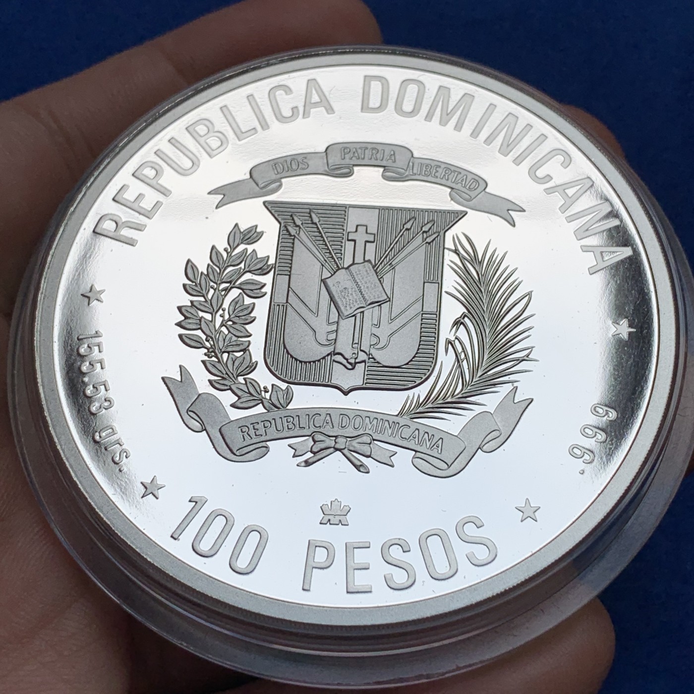 《竞宝斋》第190场-周日，周一 2场 (全场包邮) 多米尼加共和国1990年5盎司银币 155.5克 999银 纪念发现美洲500周年 附原盒