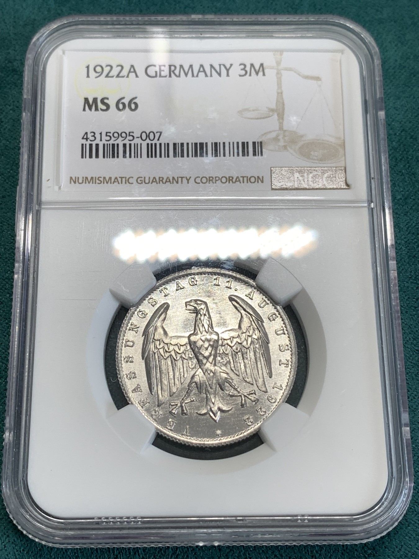 《竞宝斋》第190场-周日，周一 2场 (全场包邮) NGC-MS66   德国 1922 A厂3马克铝币