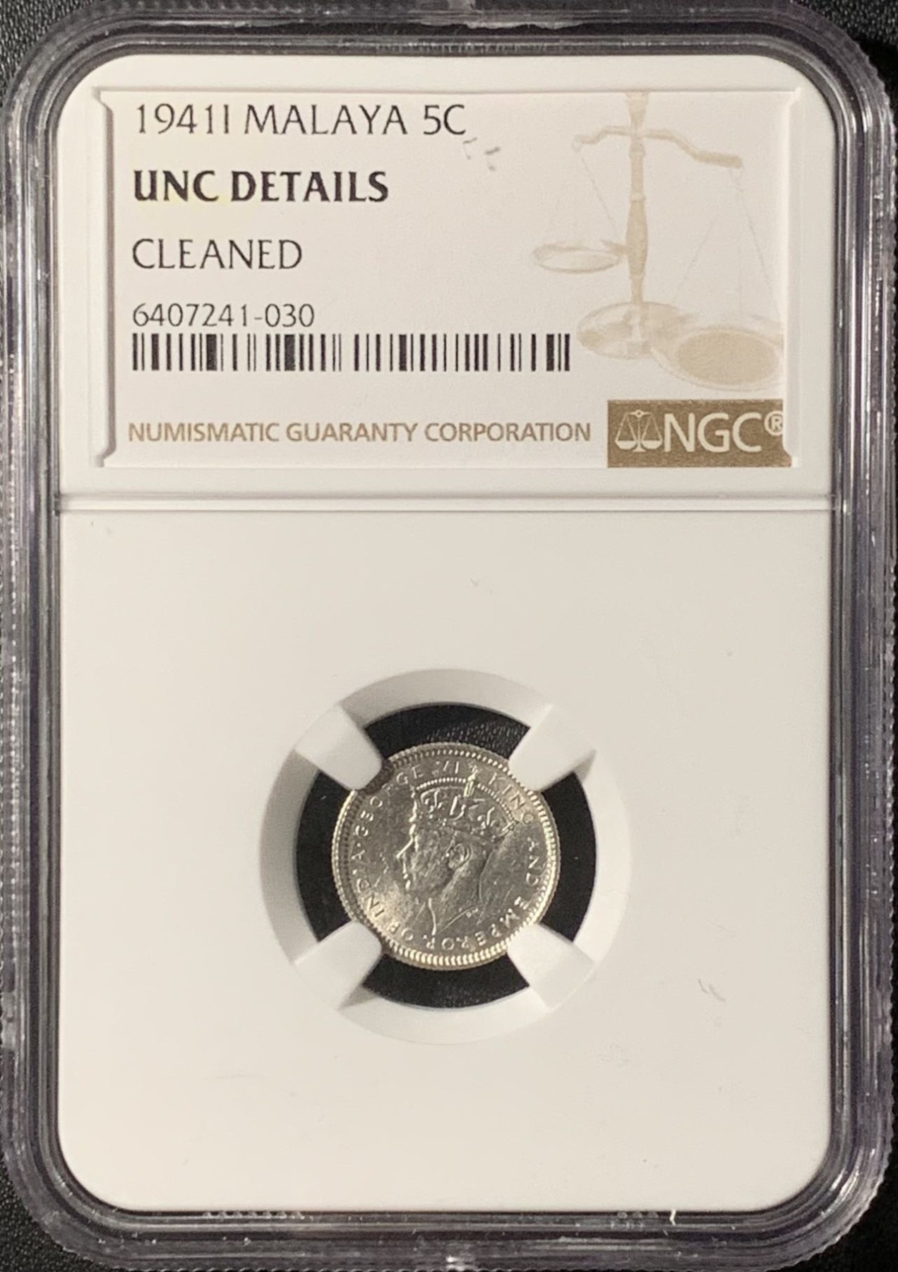 紫瑗钱币——第296期拍卖 马来亚 1941年 i版 乔治六世 5分 银币 NGC UNC