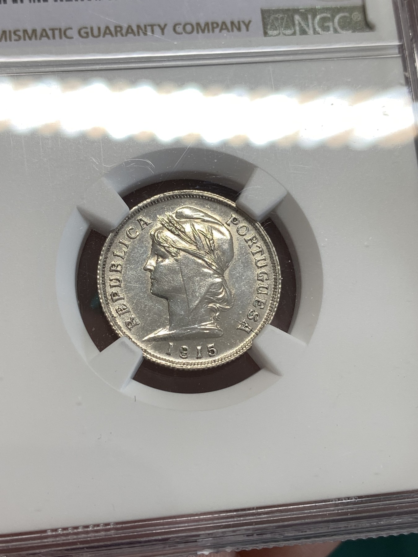 《竞宝斋》第190场-周日，周一 2场 (全场包邮) NGC UNC 葡萄牙 1915年 女神 10分银币 少见的面值