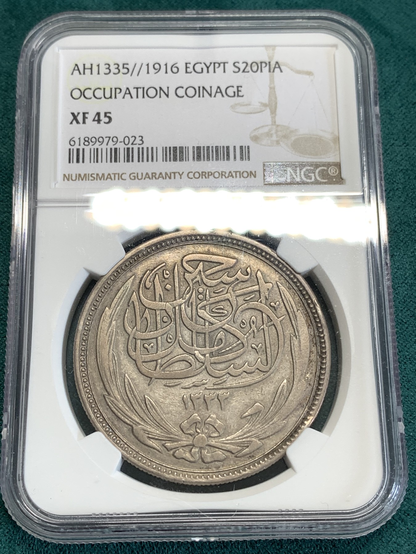 《竞宝斋》第190场-周日，周一 2场 (全场包邮) NGC-XF45 1916英占埃及20皮阿斯特大银币 原味 包浆非常好 这样状态的已经很难遇到了