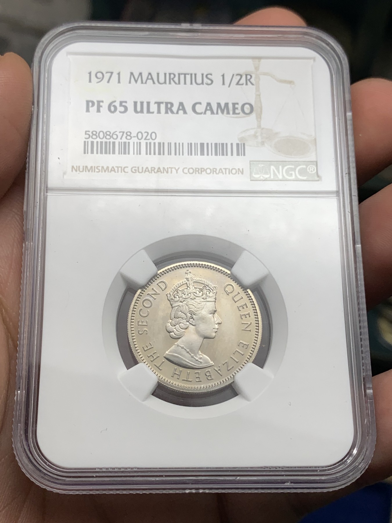《竞宝斋》第190场-周日，周一 2场 (全场包邮) NGC PF65UC 毛里求斯1971年1/2卢比精制镍币