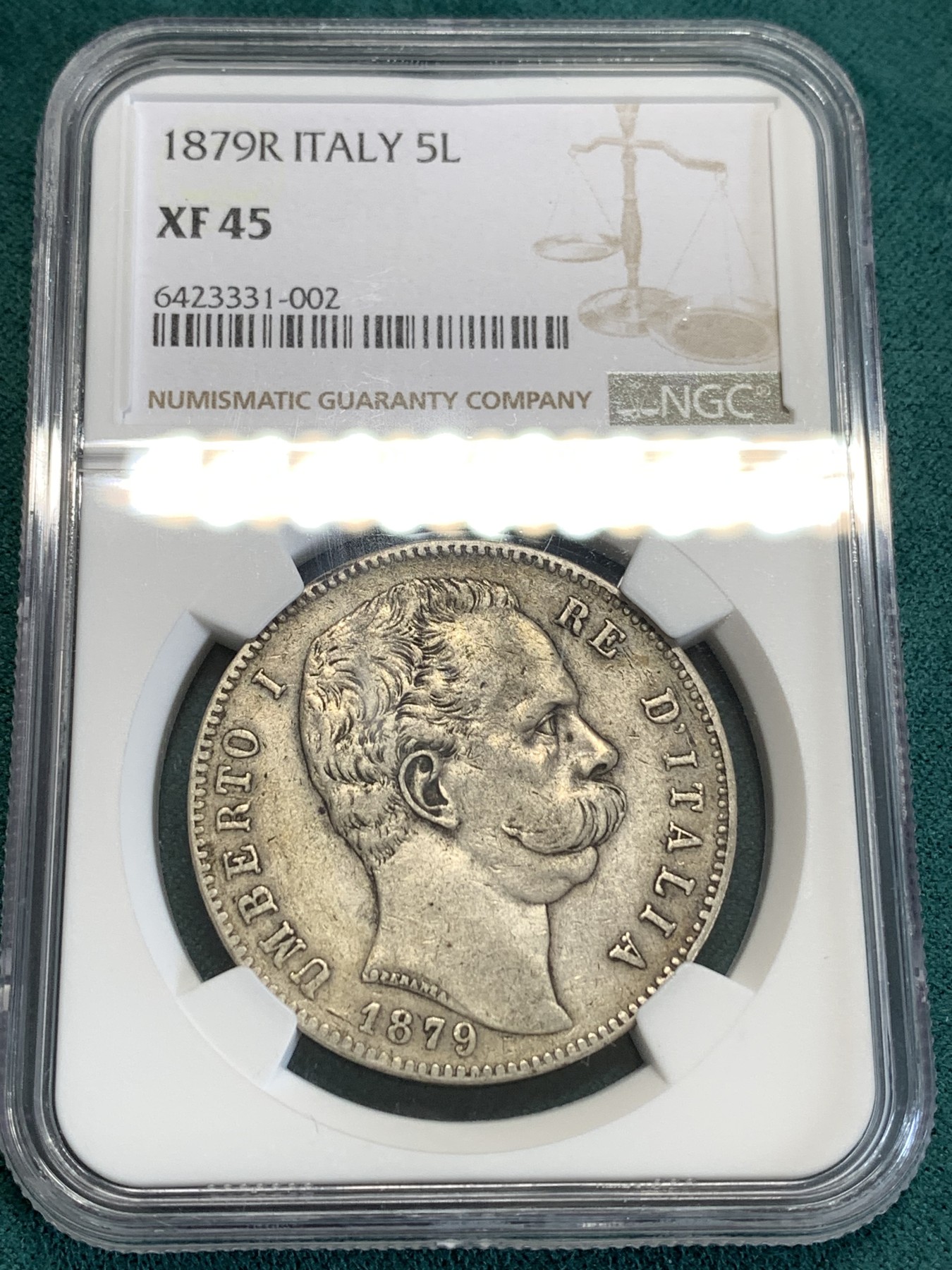 《竞宝斋》第190场-周日，周一 2场 (全场包邮) NGC-XF45 意大利1879翁贝托一世5里拉银币，状态好