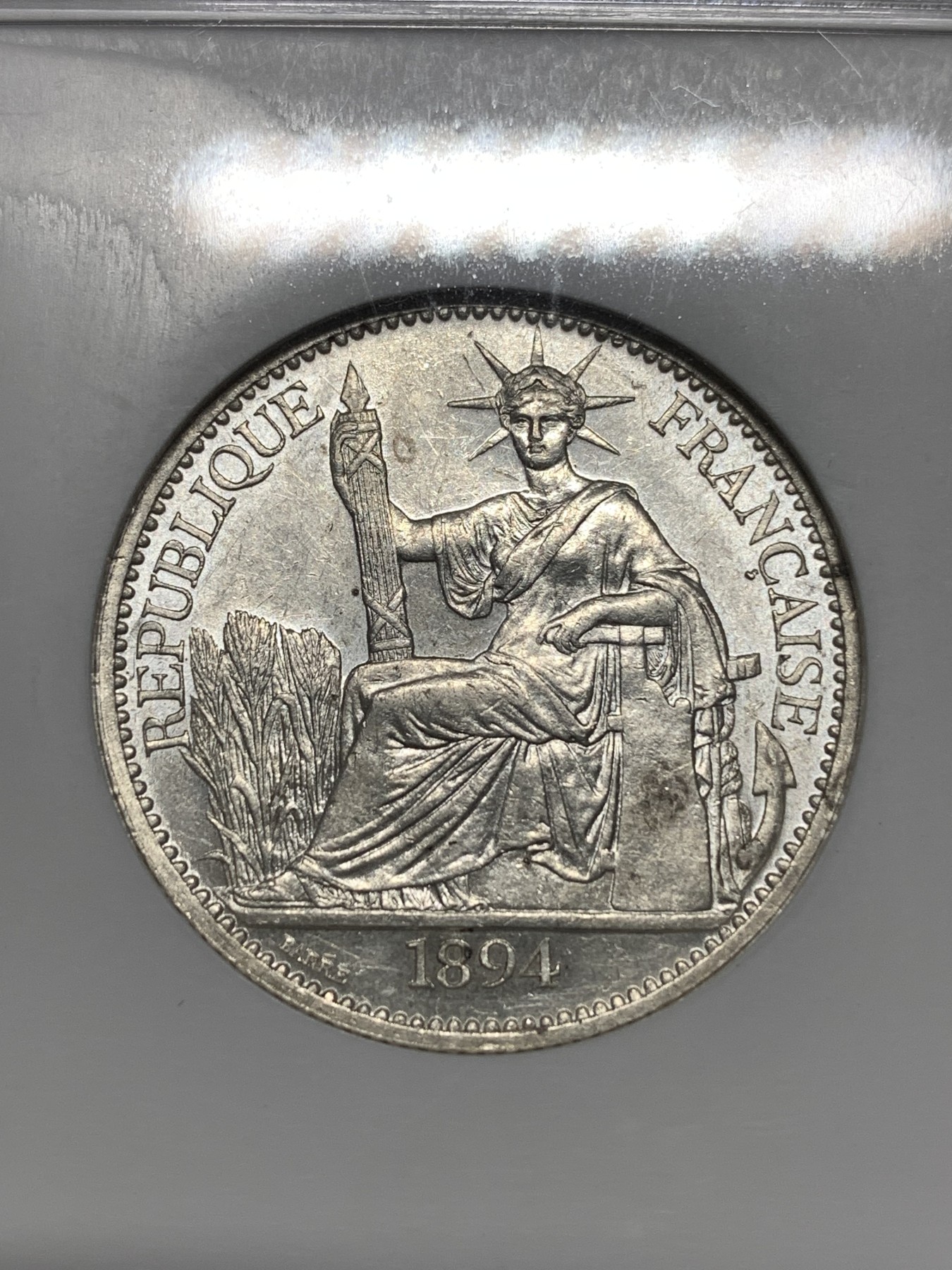 《竞宝斋》第190场-周日，周一 2场 (全场包邮) NGC AU58 法属印支 1894年加重版 50分银币 极少见