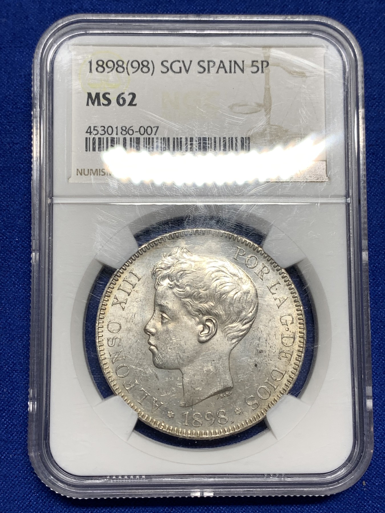 《竞宝斋》第190场-周日，周一 2场 (全场包邮) NGC-MS62 西班牙 双柱 1898 SGV 阿方索十三世 5比塞塔银币