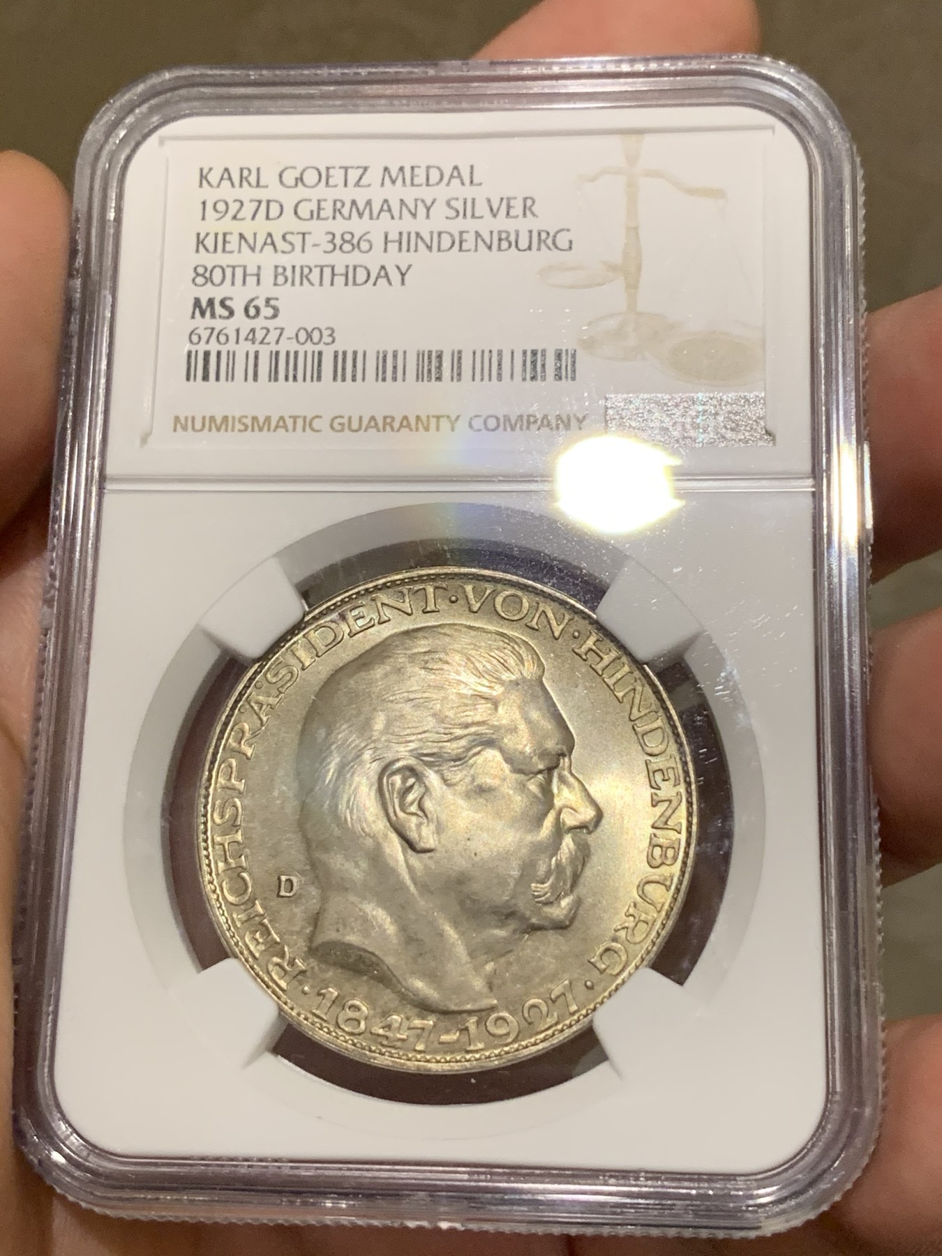 《竞宝斋》第190场-周日，周一 2场 (全场包邮) NGC-MS65 德国 魏玛 兴登堡八十大寿5马克币型银章 卡尔哥茨的经典设计 丝绸转光 淡黄色包浆