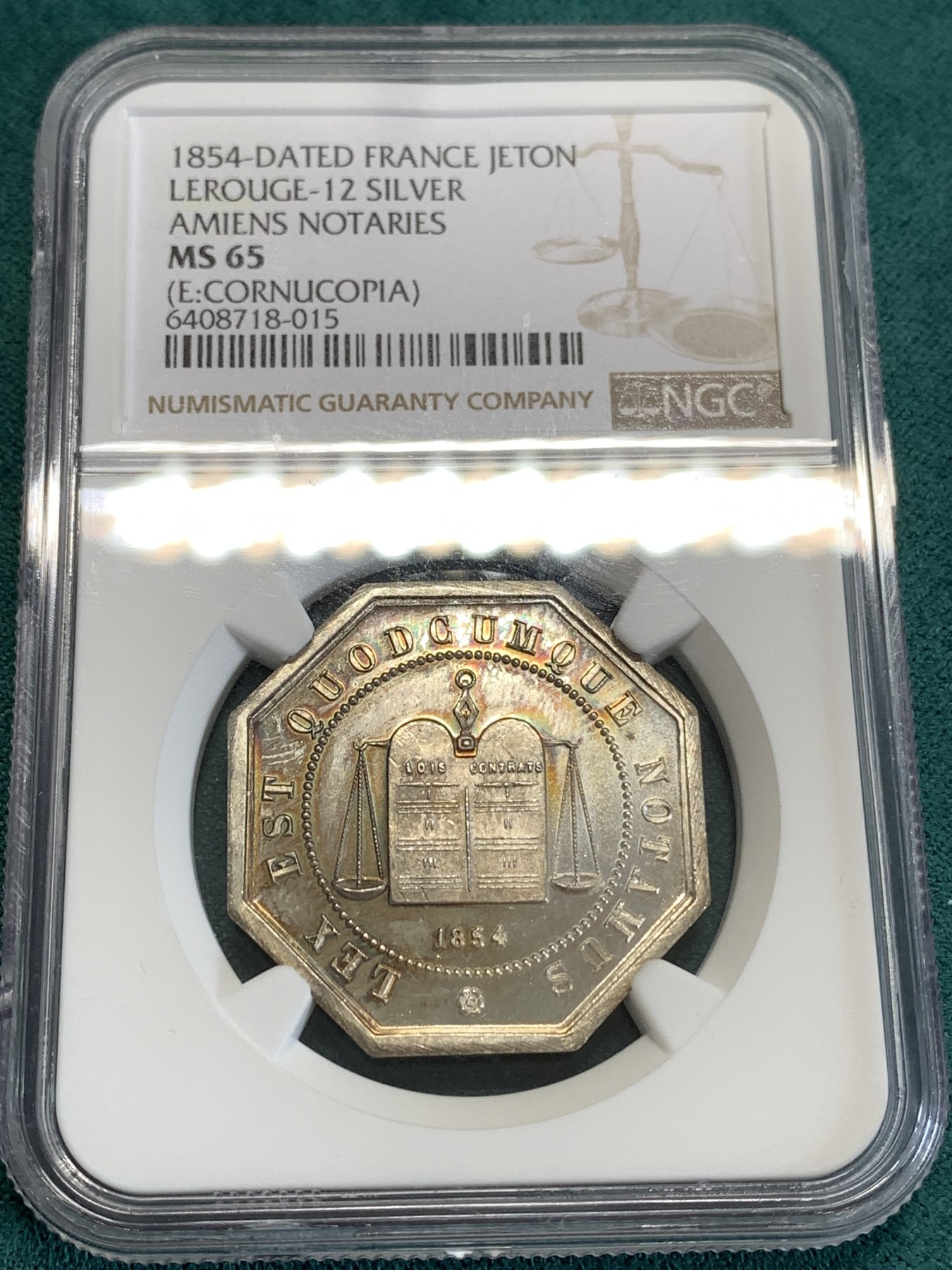 《竞宝斋》第190场-周日，周一 2场 (全场包邮) NGC-MS65 法国1854八角银章，亚眠公证处，高分好品，带初铸纹