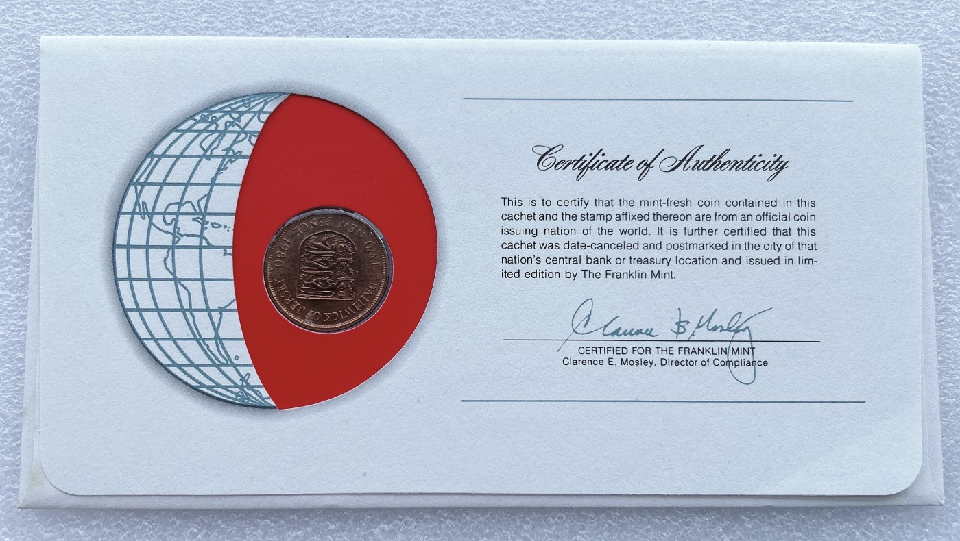 全场一元起拍 富兰克林世界钱币系列-邮币封 第16期 英属泽西岛1980年2便士 邮币封