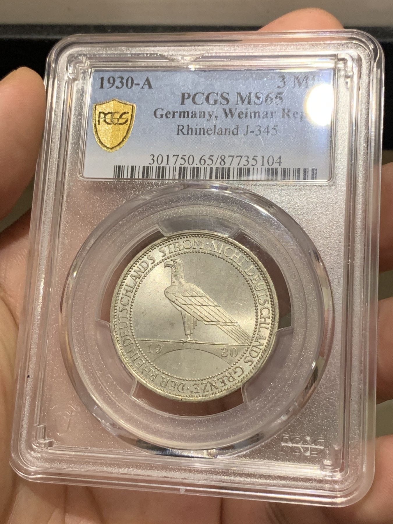 《竞宝斋》第190场-周日，周一 2场 (全场包邮) PCGS MS65 德国魏玛共和国1930年莱茵解放纪念3马克银币 旋转十字光 高分 上部支撑架有小磕