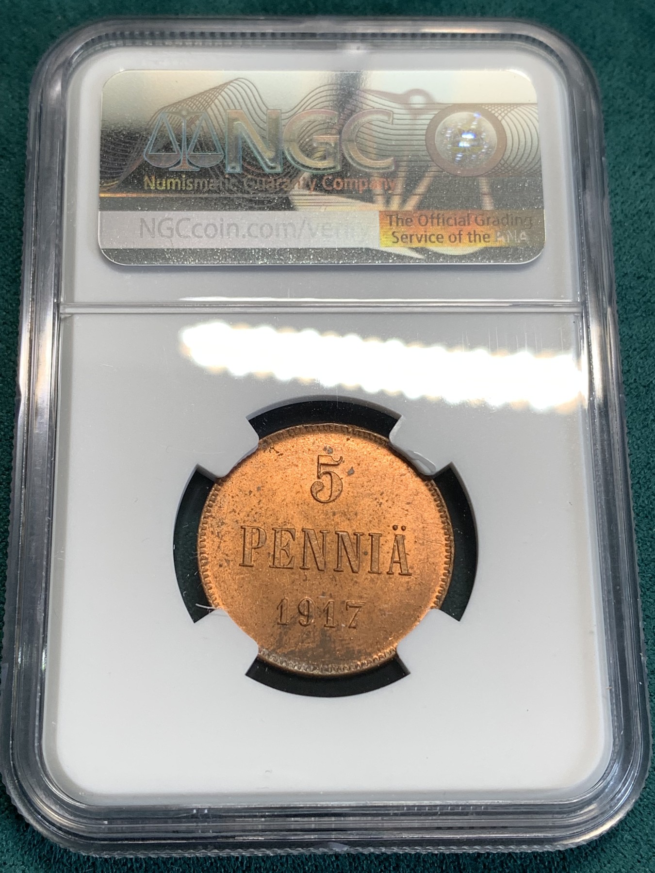 《竞宝斋》第190场-周日，周一 2场 (全场包邮) NGC MS63RB 俄占芬兰1917年克伦斯基临时政府5盆尼铜币