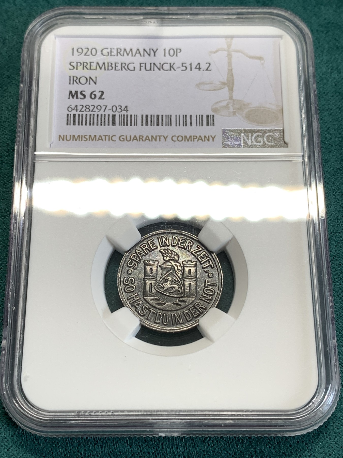 《竞宝斋》第190场-周日，周一 2场 (全场包邮) NGC-MS62 德国1920年德紧10芬尼铁币 自然包浆 保存难得