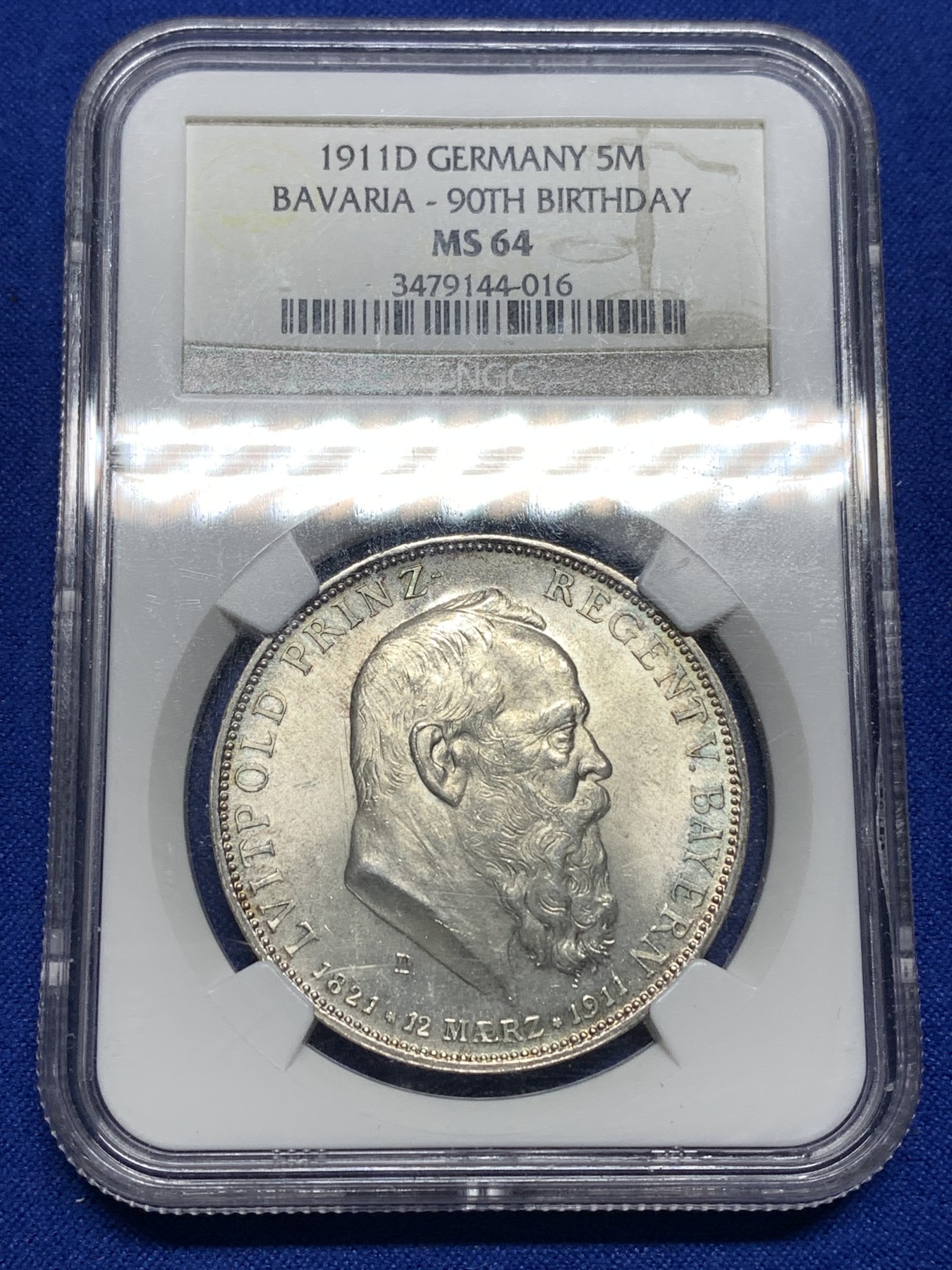 《竞宝斋》第190场-周日，周一 2场 (全场包邮) NGC MS64 德国巴伐利亚1911年5马克利奥波德90大寿纪念银币