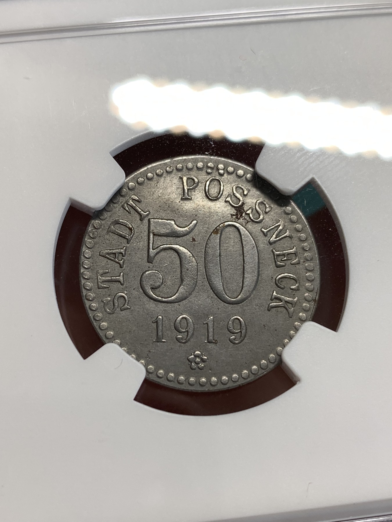 《竞宝斋》第190场-周日，周一 2场 (全场包邮) NGC-UNC 德国1919年德紧塔勒-哈兹50芬尼铁币 两面深打原始包浆 这个应该有分的太严了 仅见入盒