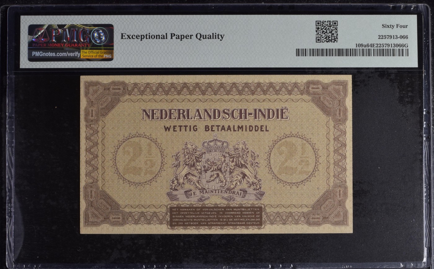 乐淘淘纸币精选 第15期 周五周六连拍第二场 【CJ068854】荷属东印度1940年纸币 2 1/2古尔登 PMG64EPQ