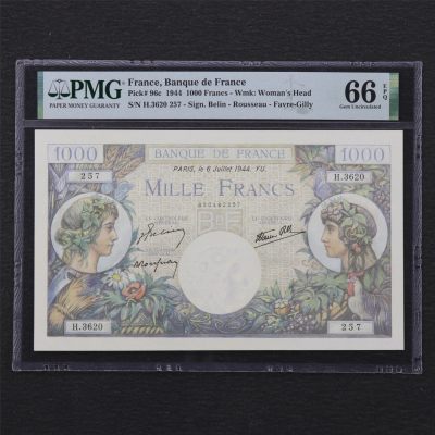 【亘邦集藏】第168期拍卖 - 1944年 法国1000法郎 PMG 66EPQ H3620 257