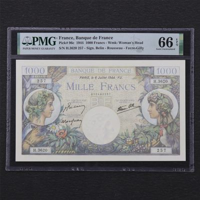 【亘邦集藏】第168期拍卖 - 1944年 法国1000法郎 PMG 66EPQ H3620 257