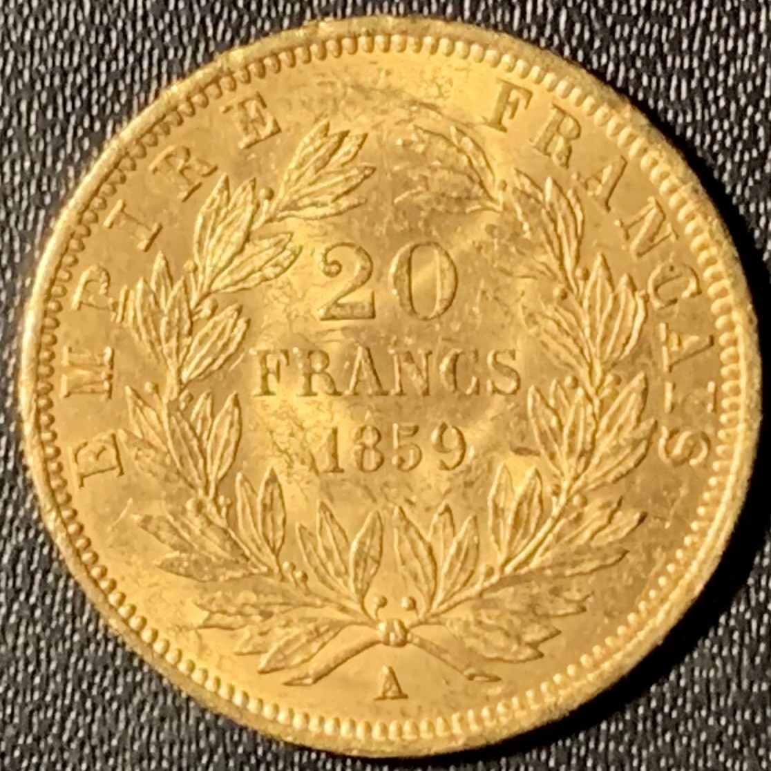 紫瑗钱币——第296期拍卖 法国 1859年 BB版 拿破仑 光头 20法郎 6.45克 0.9金