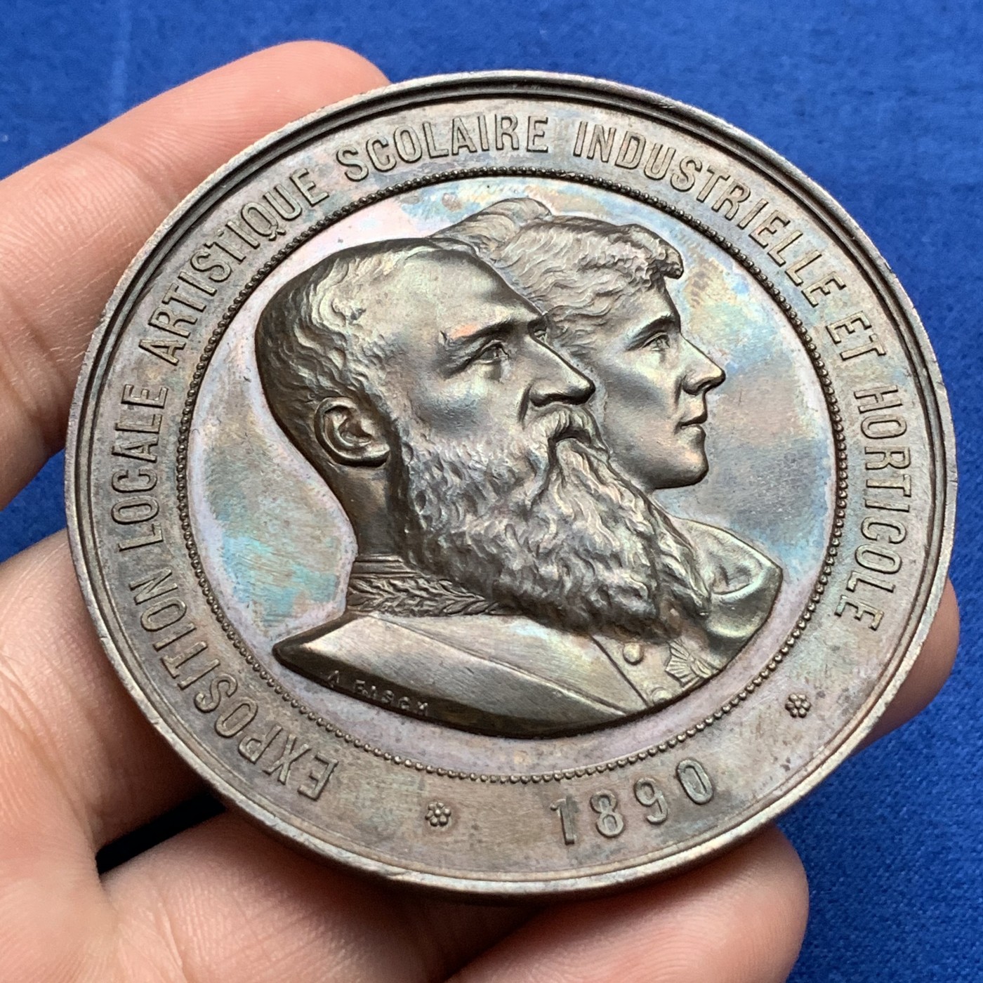 《竞宝斋》第190场-周日，周一 2场 (全场包邮) 比利时工业园艺展览会艺术铜章  直径：63.5mm  重量：94gr  少见45分头像 高浮雕设计 非常精美