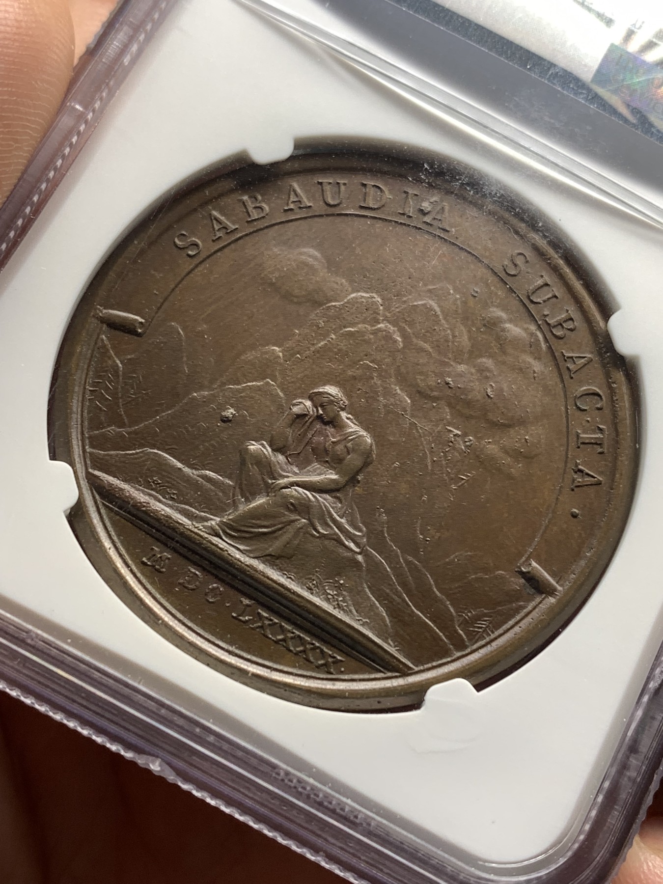 《竞宝斋》第190场-周日，周一 2场 (全场包邮) NGC-MS63 法国1690年路易十四征服萨伏伊 纪念铜章 巧克力包浆 细节很好