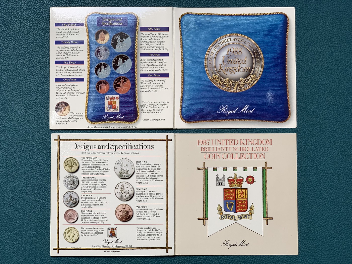 《竞宝斋》第190场-周日，周一 2场 (全场包邮) 英国1985、1987、1988年流通硬币7枚硬塑套装及卡册三本，各带不同版本1英镑