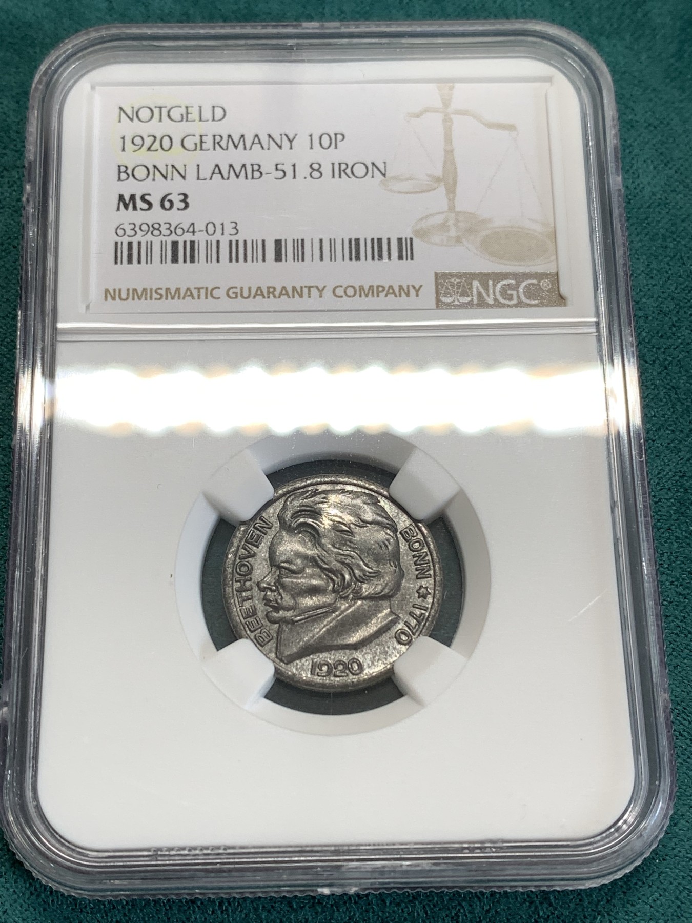 《竞宝斋》第190场-周日，周一 2场 (全场包邮) NGC-MS63 德国紧急状态货币，1920年波恩贝多芬10芬尼铁币，经典品种，凑套必备