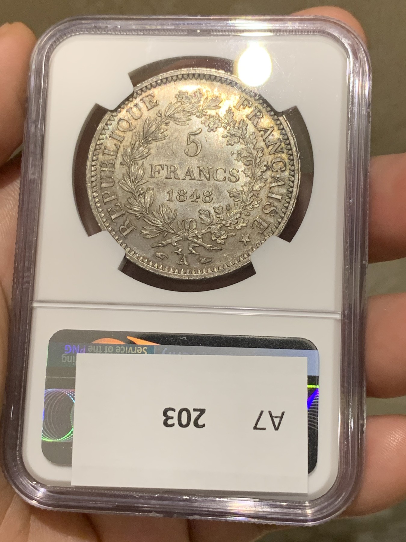 《竞宝斋》第190场-周日，周一 2场 (全场包邮) NGC-MS64 法国 1848A 5法郎 大力神银币 转光+淡紫色包浆 好状态