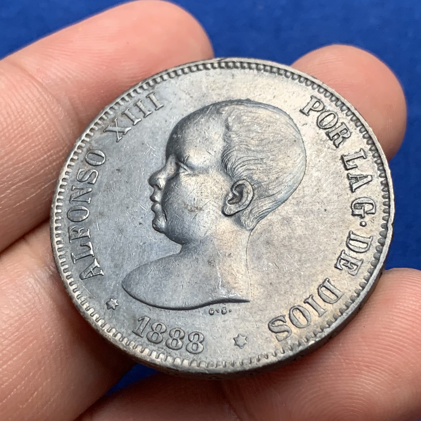 《竞宝斋》第190场-周日，周一 2场 (全场包邮) 西班牙 1888年 发财年份  婴儿头5比塞塔银币 黑彩