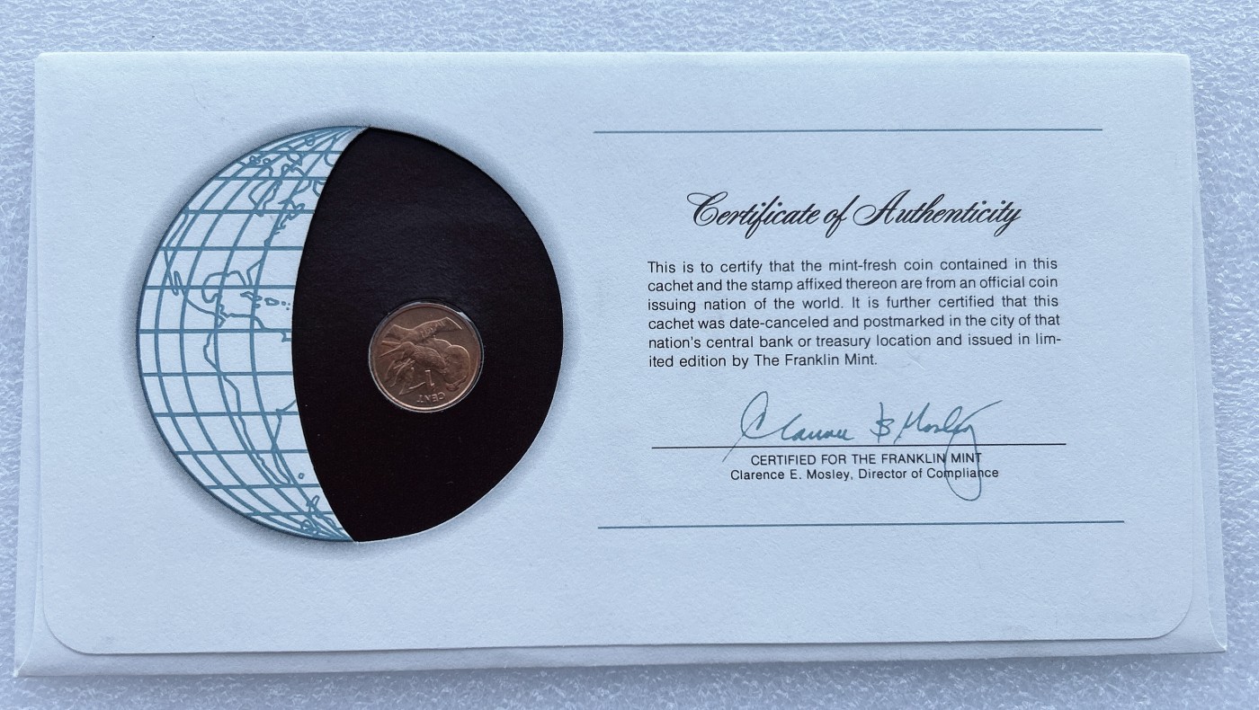 全场一元起拍 富兰克林世界钱币系列-邮币封 第16期 基里巴斯1979年1分硬币邮票纪念封 紫铜币