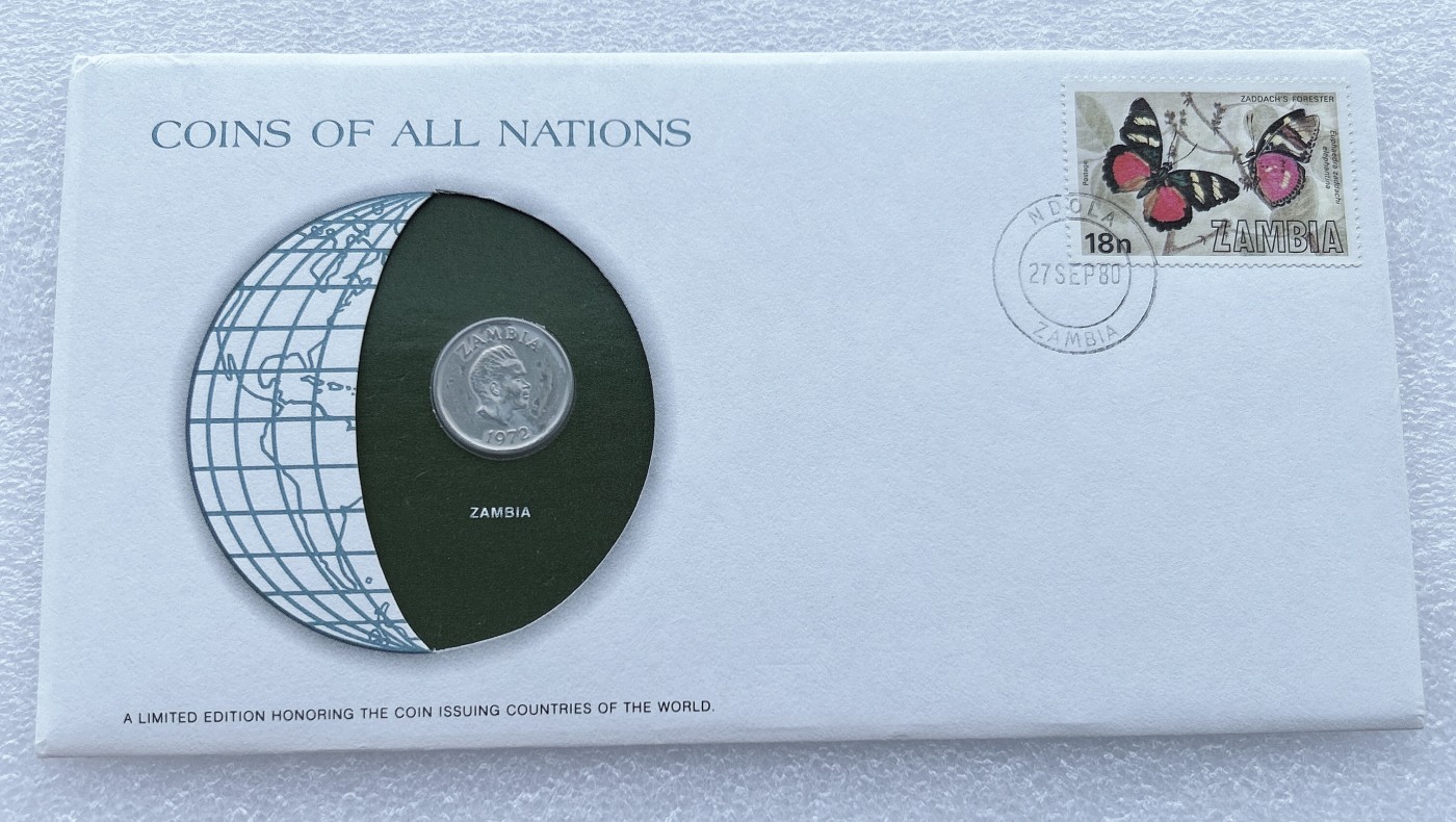 全场一元起拍 富兰克林世界钱币系列-邮币封 第16期 赞比亚1972年5恩韦 邮票纪念封