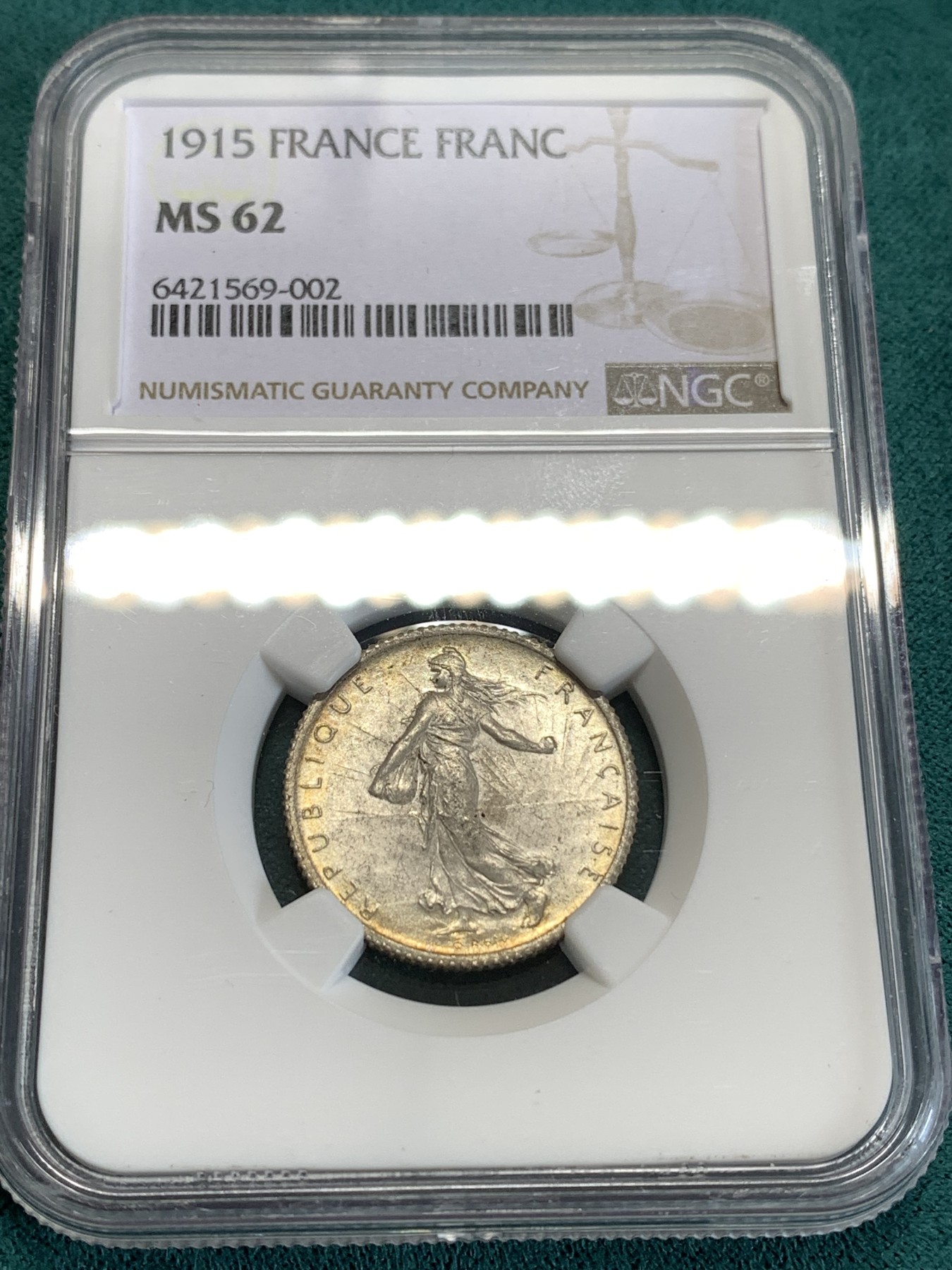 《竞宝斋》第190场-周日，周一 2场 (全场包邮) NGC-MS62 法国1915年播种女神1法郎银币 章牌大师罗蒂设计 经典的行走女神