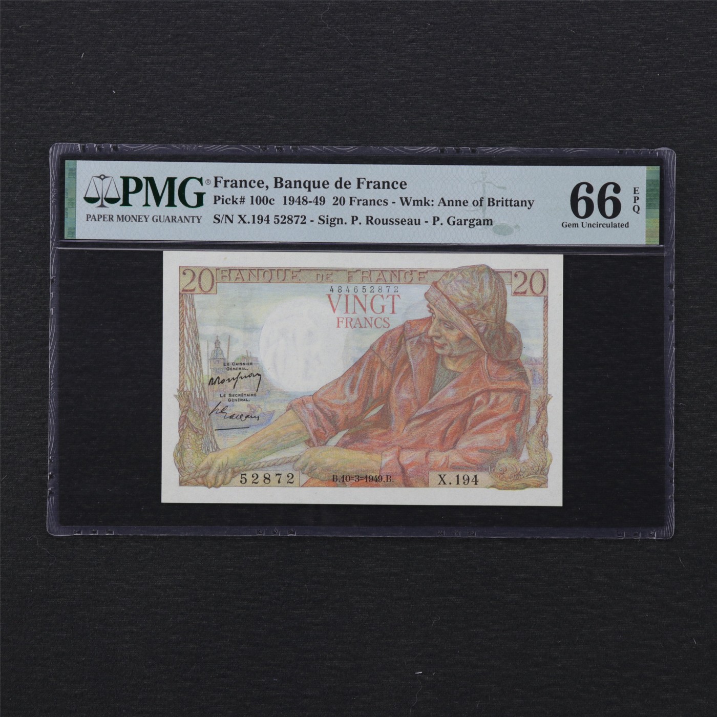 【亘邦集藏】第168期拍卖 1948-49年 法国20法郎 PMG 66EPQ X194 52872