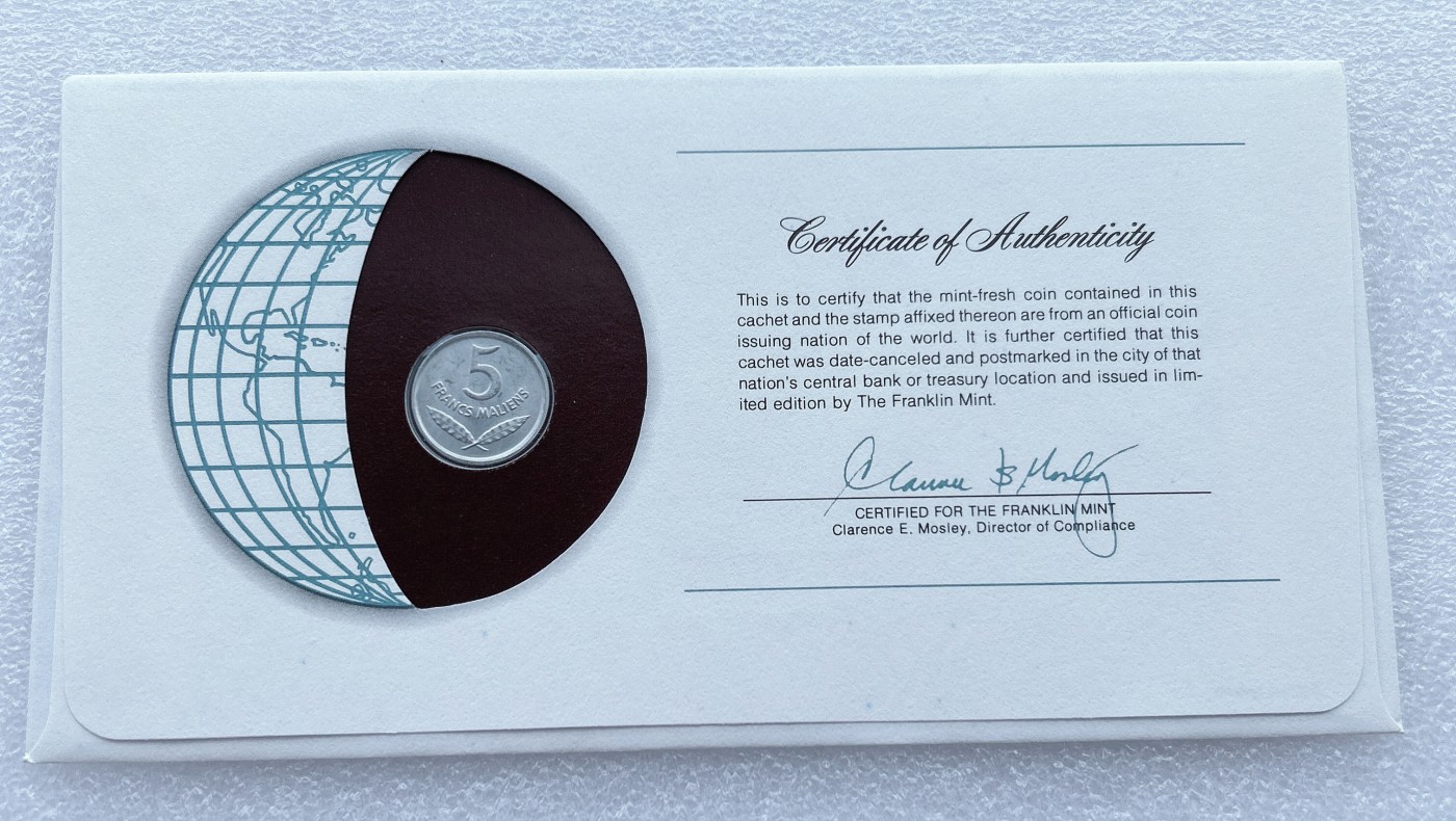 全场一元起拍 富兰克林世界钱币系列-邮币封 第16期 马里共和国1961年5法郎铝币 牛头 邮票纪念封