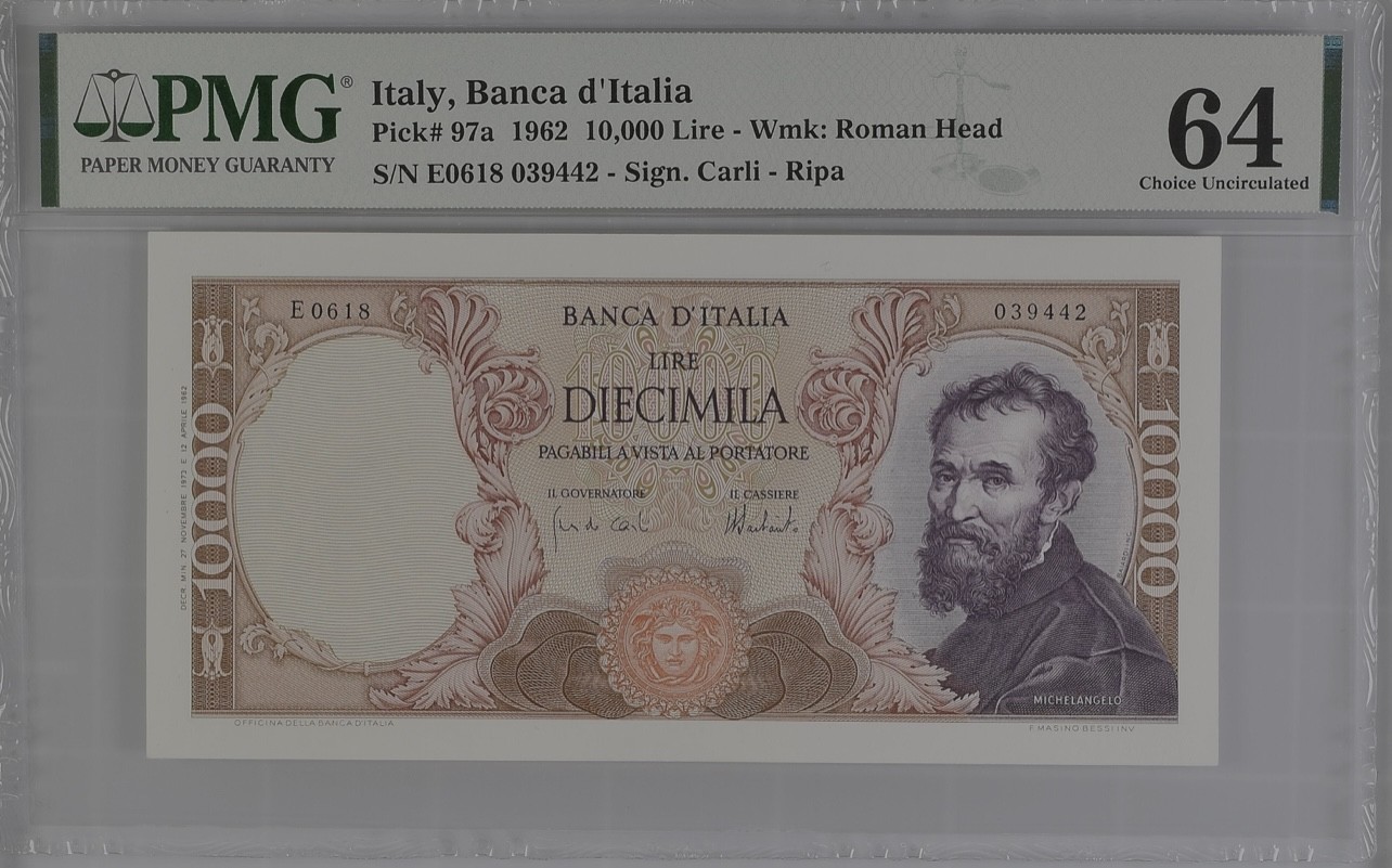 乐淘淘纸币精选 第15期 周五周六连拍第二场 【E0618 039442】意大利1962年纸币 10000里拉 首版 米开朗基罗 PMG64